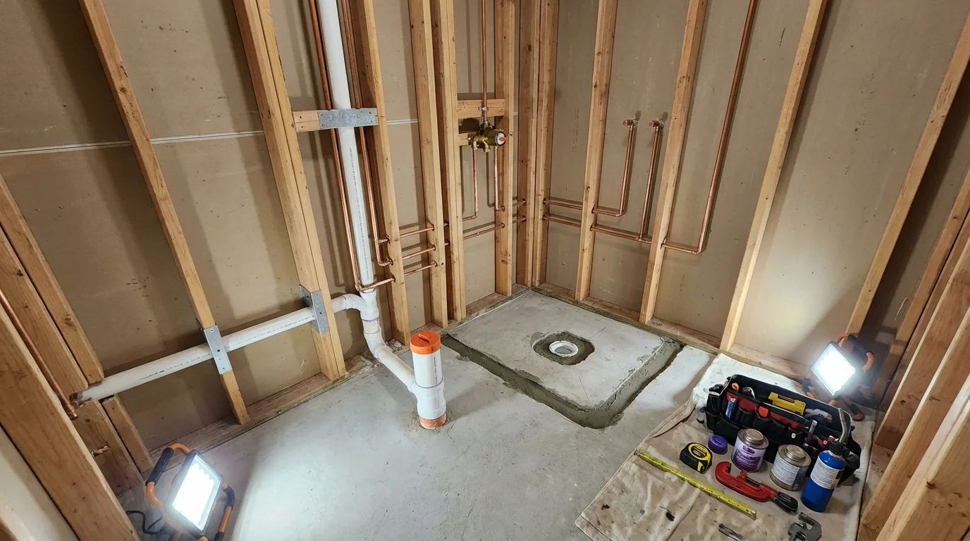 Bathroom rough-in plumbing during remodel by Johns Plumbing LLC in Coralville