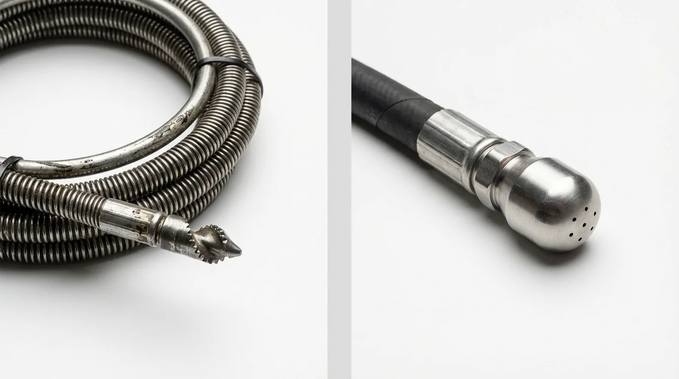 Drain snake cable and hydro jetting nozzle used for drain cleaning in Coralville, IA