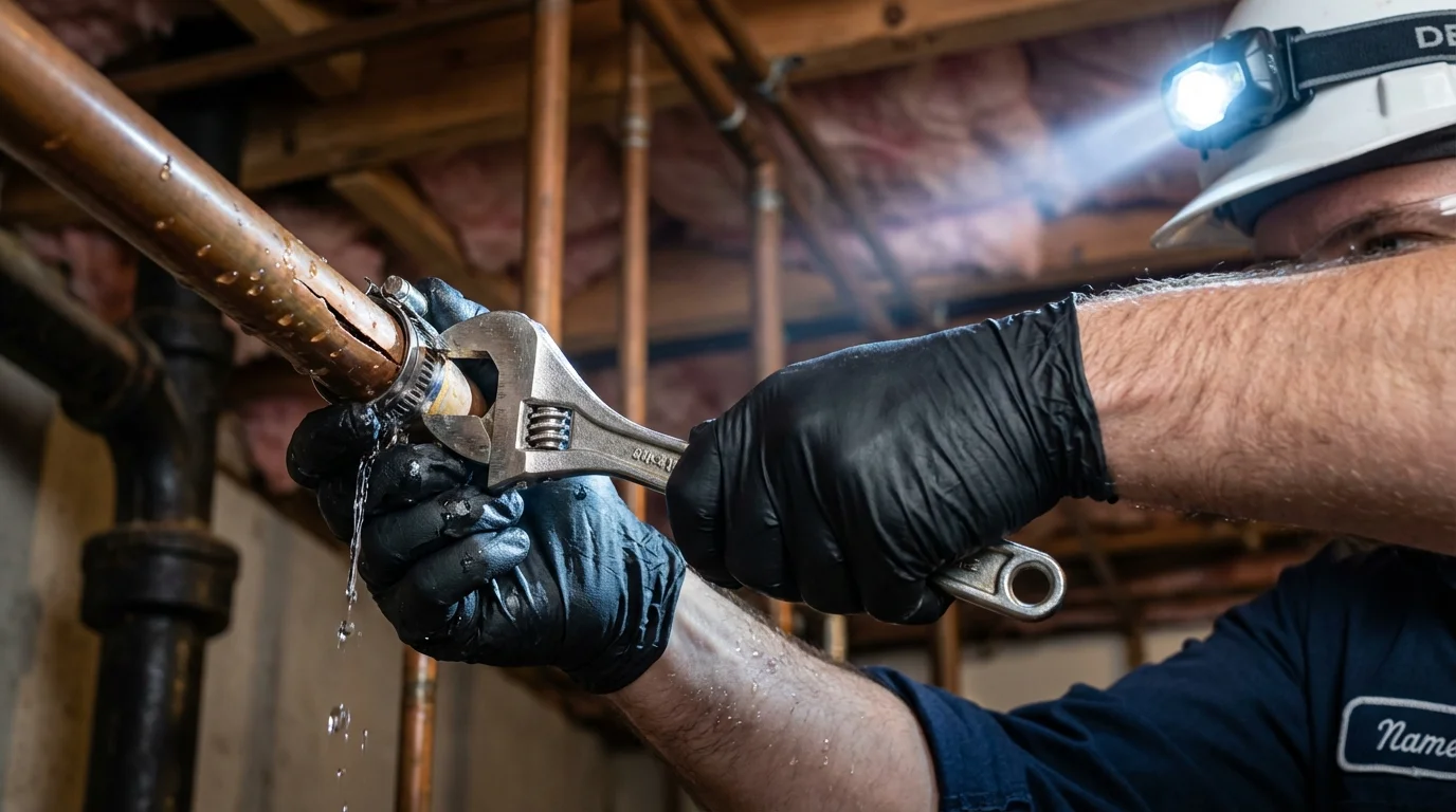 Emergency pipe clamp repair being performed by a Johns Plumbing LLC plumber in Coralville