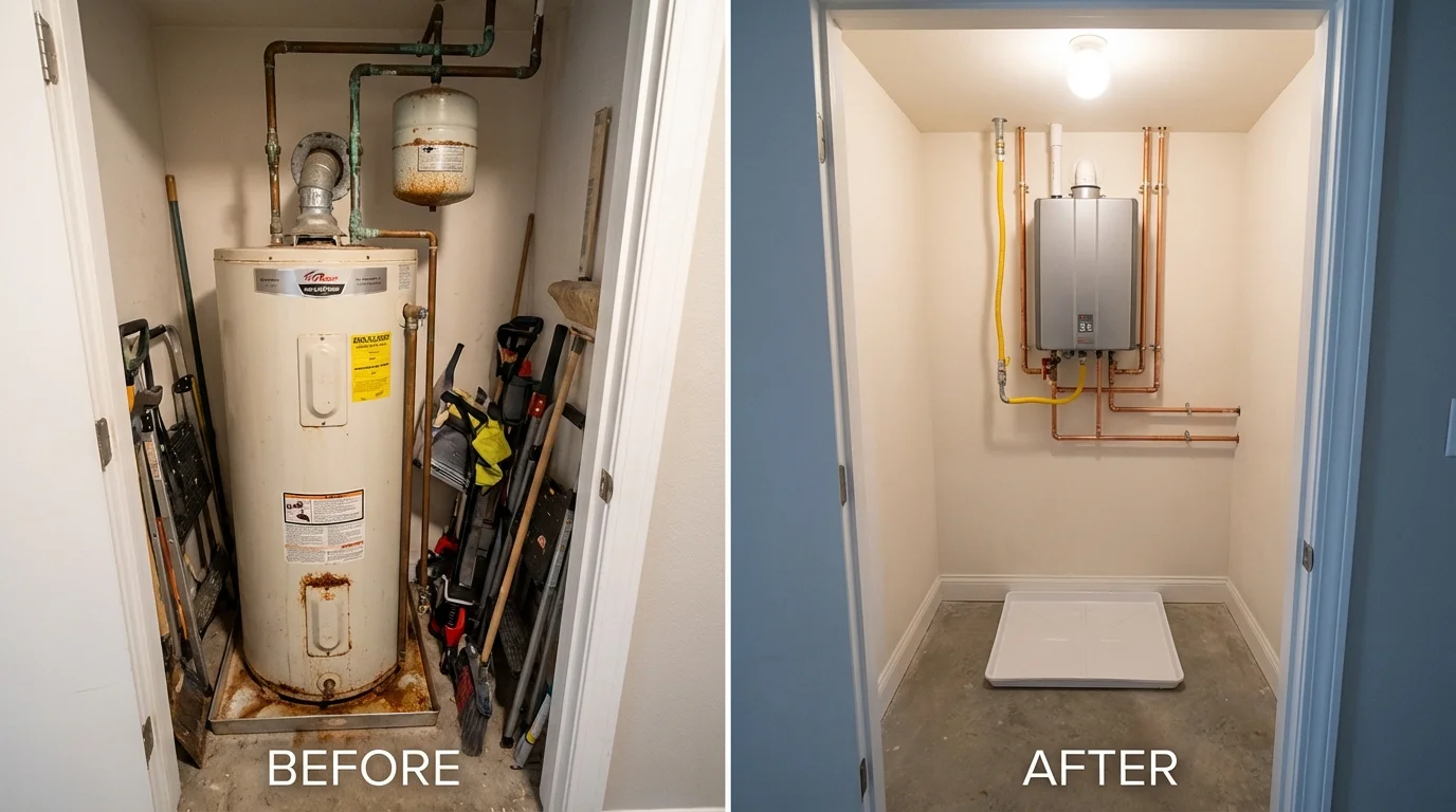 Tank water heater versus wall-mounted tankless unit comparison for Coralville, IA homeowners