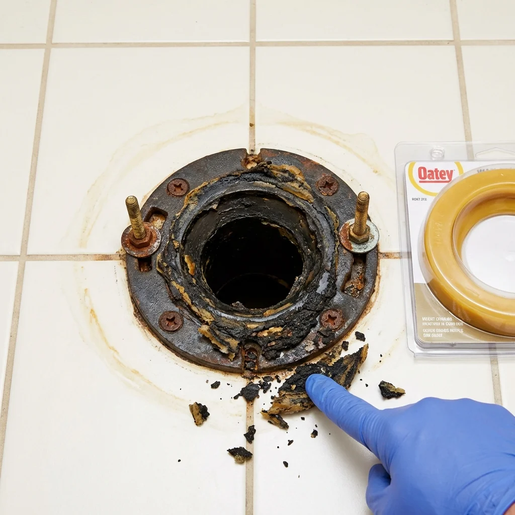 Failed wax ring showing water seepage at the base of a toilet in a Coralville, IA home