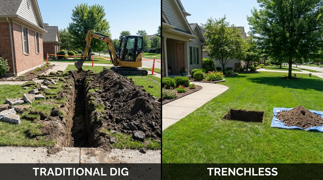 Trenchless sewer repair with minimal yard damage versus traditional excavation in Coralville, IA