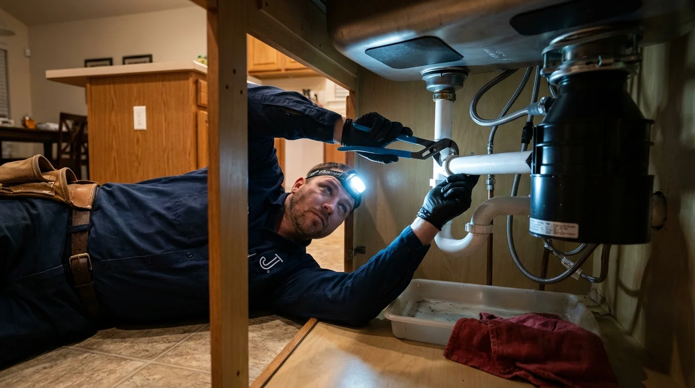 P-trap and supply line connections under a kitchen sink showing a common leak point in Coralville, IA